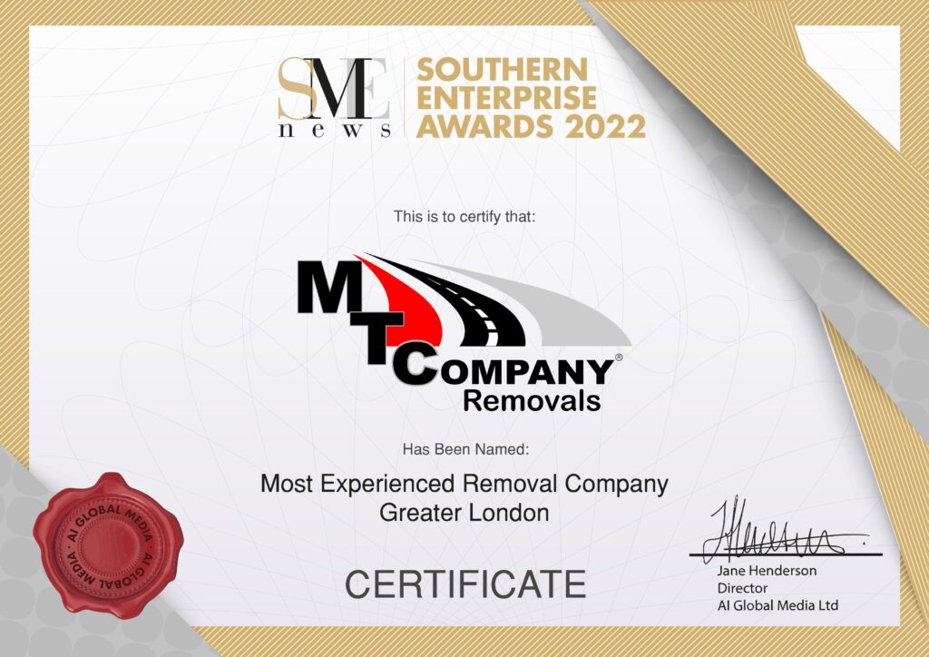 MTC Removals certificate of the best removal company uk